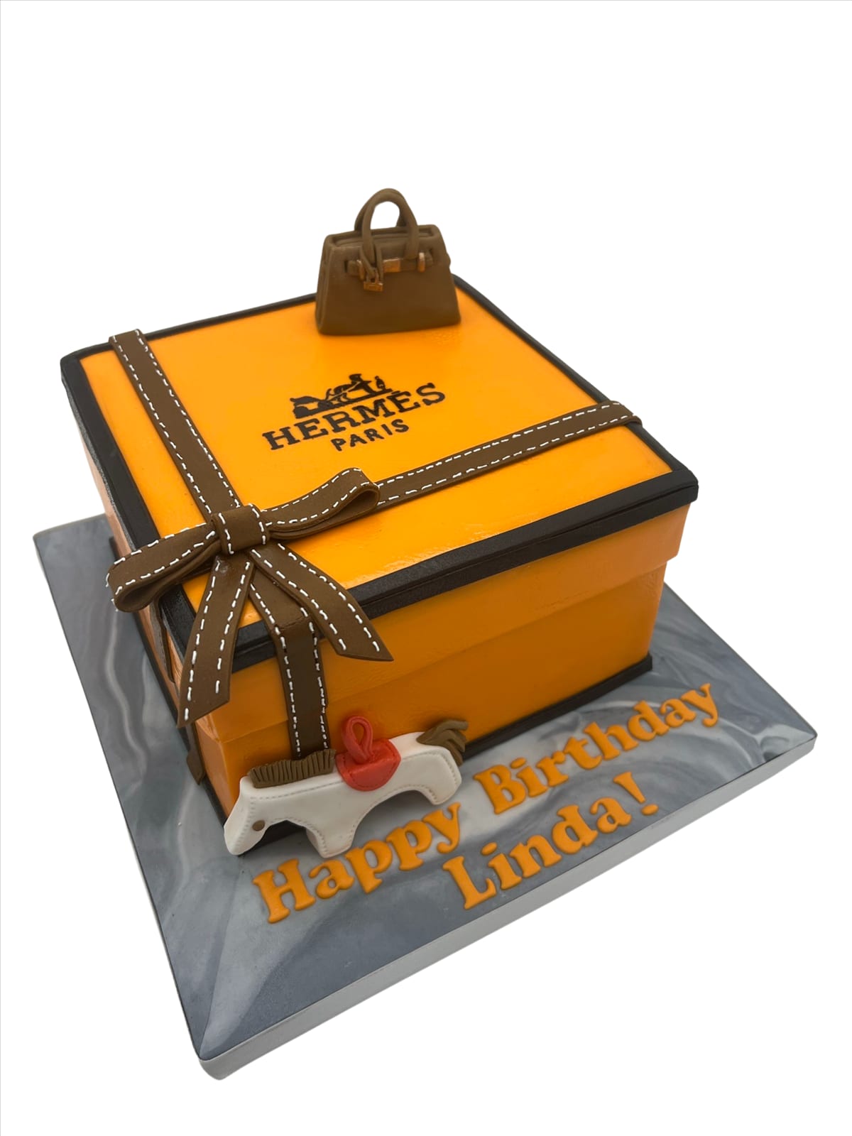 Custom Hermes designer sculpted cake San Francisco